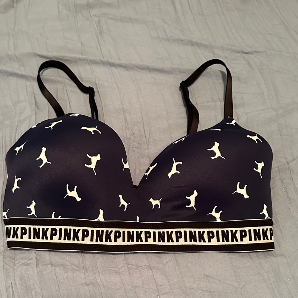 PINK Victoria's Secret Navy Blue and White Logo Bra 36c cute dog logo
